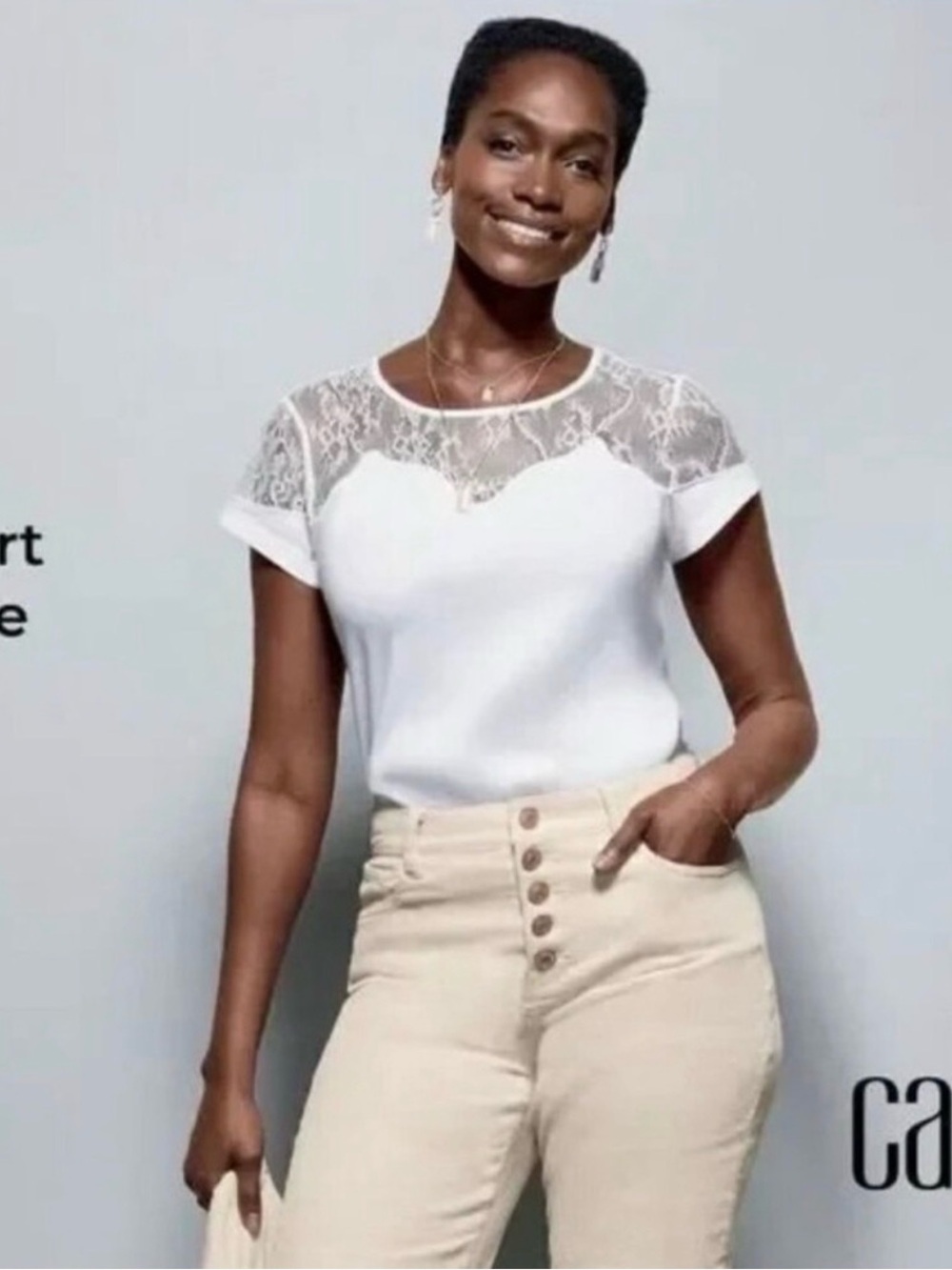 CAbi White Lace-Yoke Short Sleeve Tee